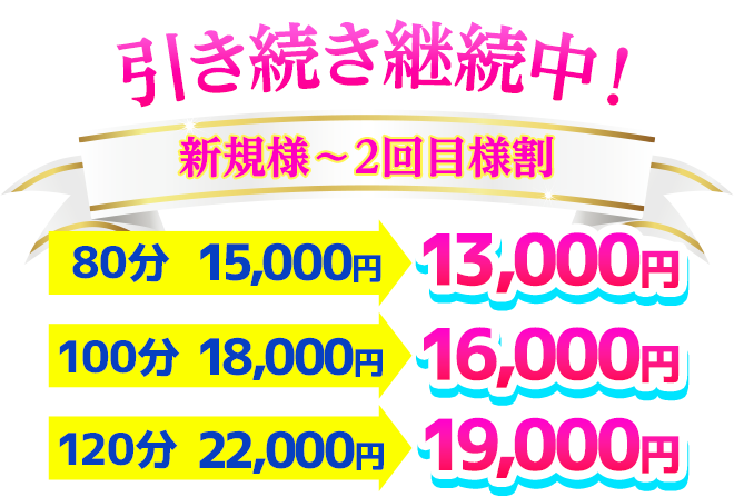 引き続き継続中 新規様〜2回目様割 80分13,000円 100分16,000円 120分18,000円